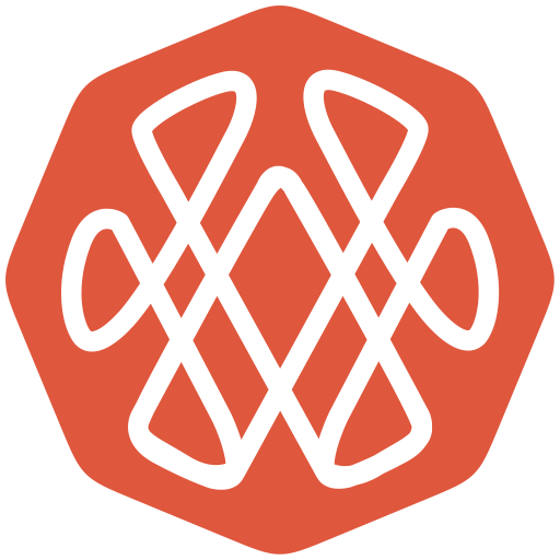 Orange hexagon with white abstract interwoven symbol