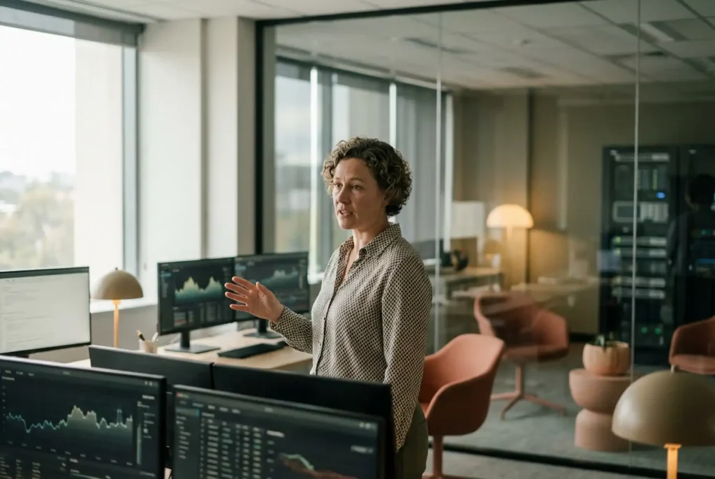 Businesswoman reviewing financial charts in modern office.