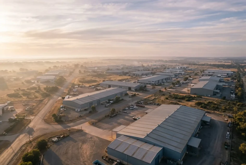 Aerial view of industrial warehouses at sunrise