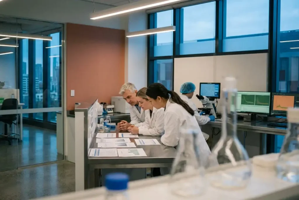 Scientists reviewing data in modern laboratory setting