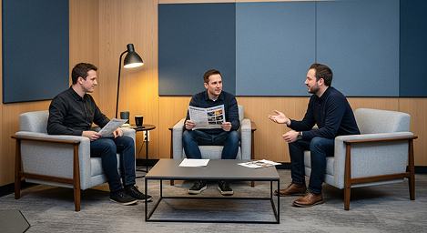 Three men discussing in modern office lounge
