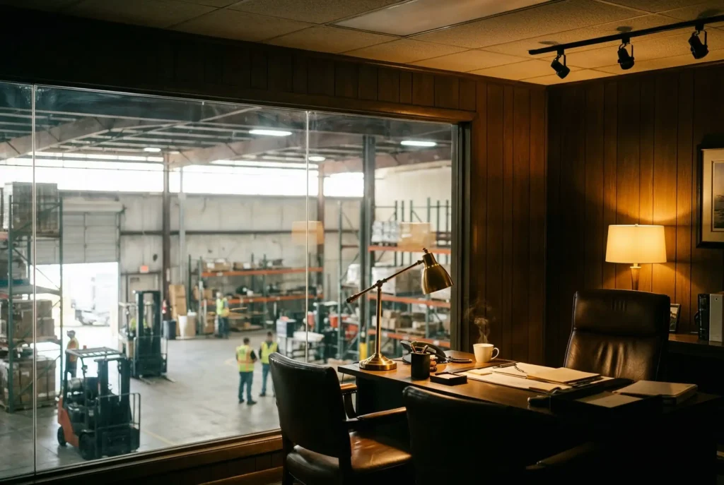 Office overlooking warehouse floor through large window