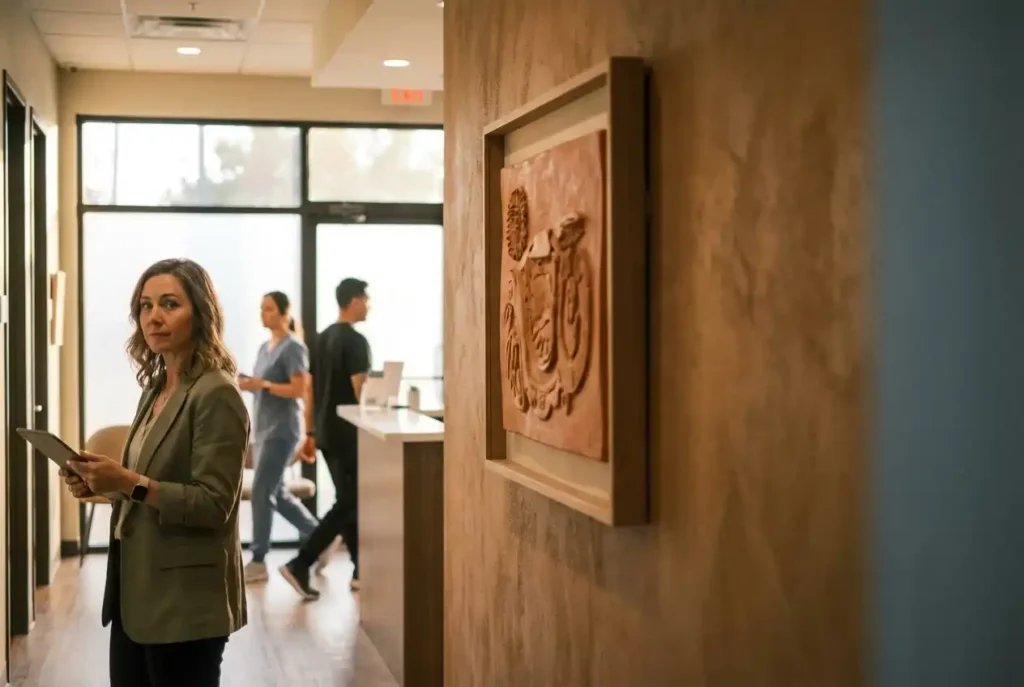 Woman with tablet in modern medical clinic hallway