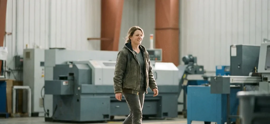 Woman walking through industrial factory floor with machinery