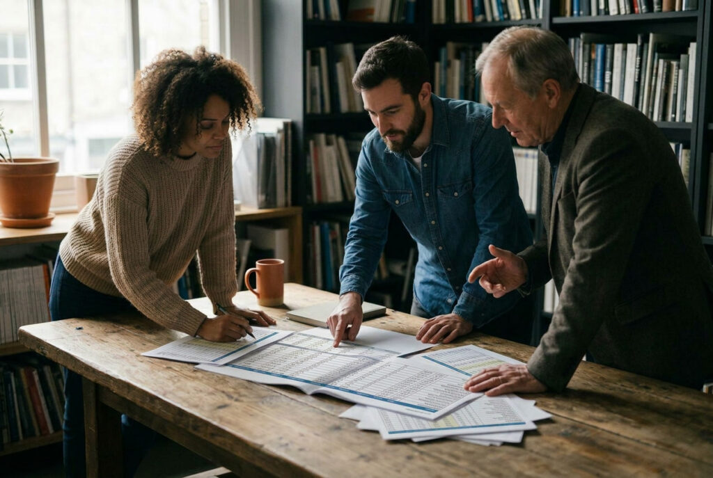 Three colleagues reviewing documents at wooden table