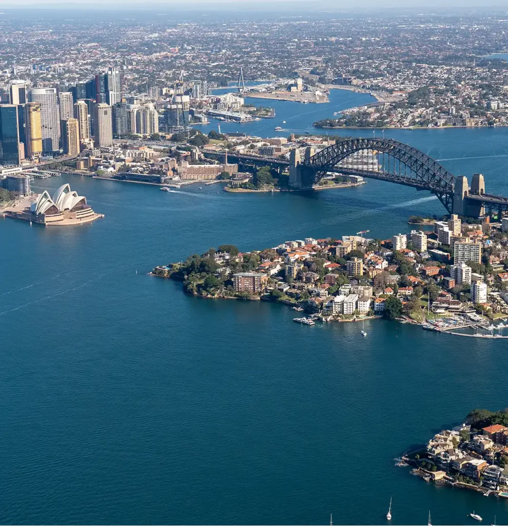 Aerial view of Sydney Harbour, Opera House and Bridge