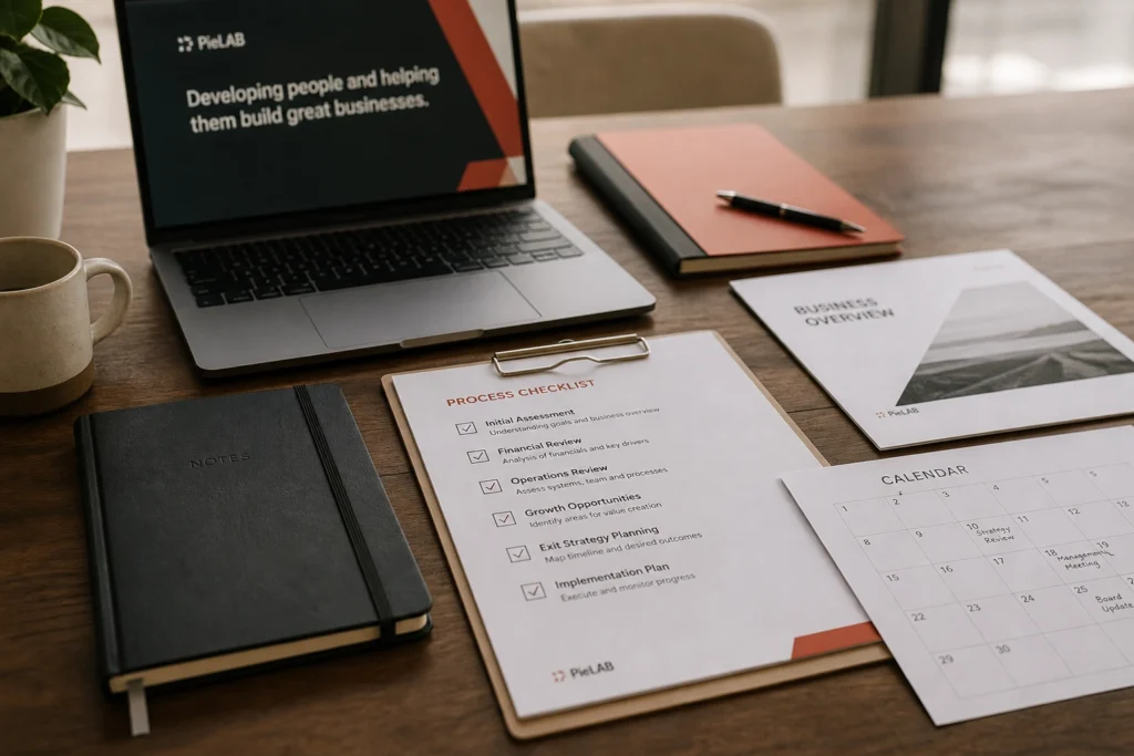 Business planning documents and laptop on office desk