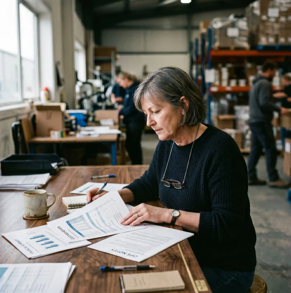 Woman reviewing reports at warehouse office desk