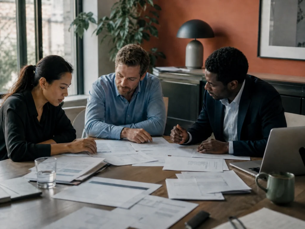 Three professionals reviewing documents at office table