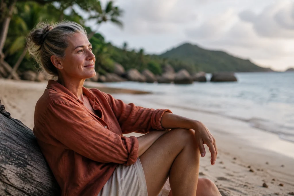 Woman relaxing on tropical beach at sunset